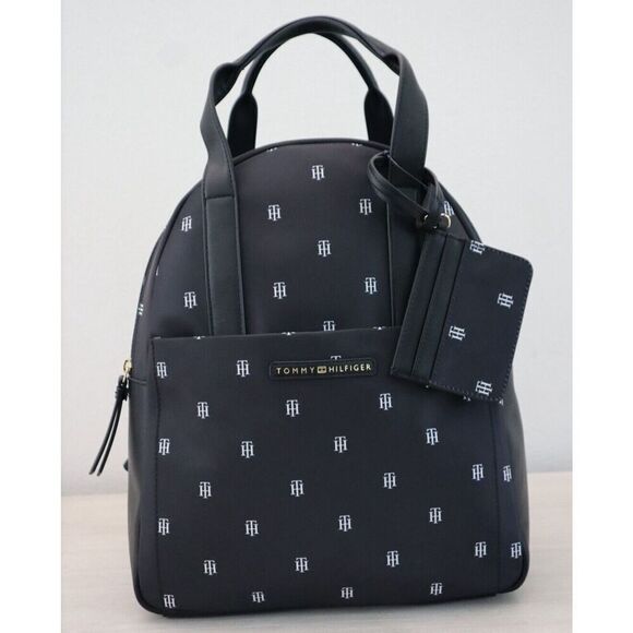 Tommy Hilfiger 69J8441 001 Unisex Black Monogram Nylon Backpack w/Pouch - Picture 1 of 15